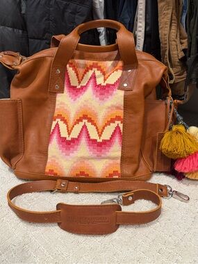 Nena & Co. Tan Leather Shoulder Bag with Pink and Cream Patterned Panel